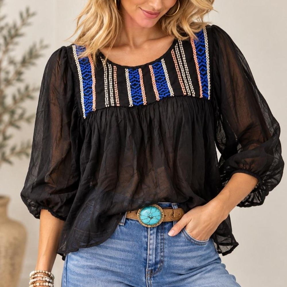 Ivy Jane Black sheer embroidered blouse M